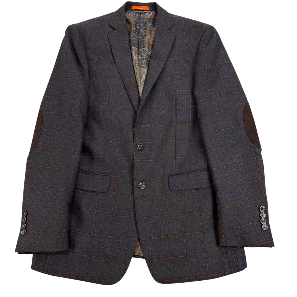 Tallia Blazer Mens 40L Gray Plaid 100% Wool Elbow Patch Sport Coat Jacket Office